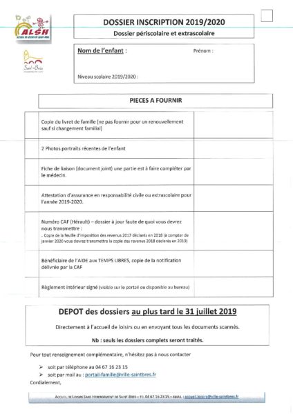 DOSSIER INSCRIPTION CENTRE LOISIRS